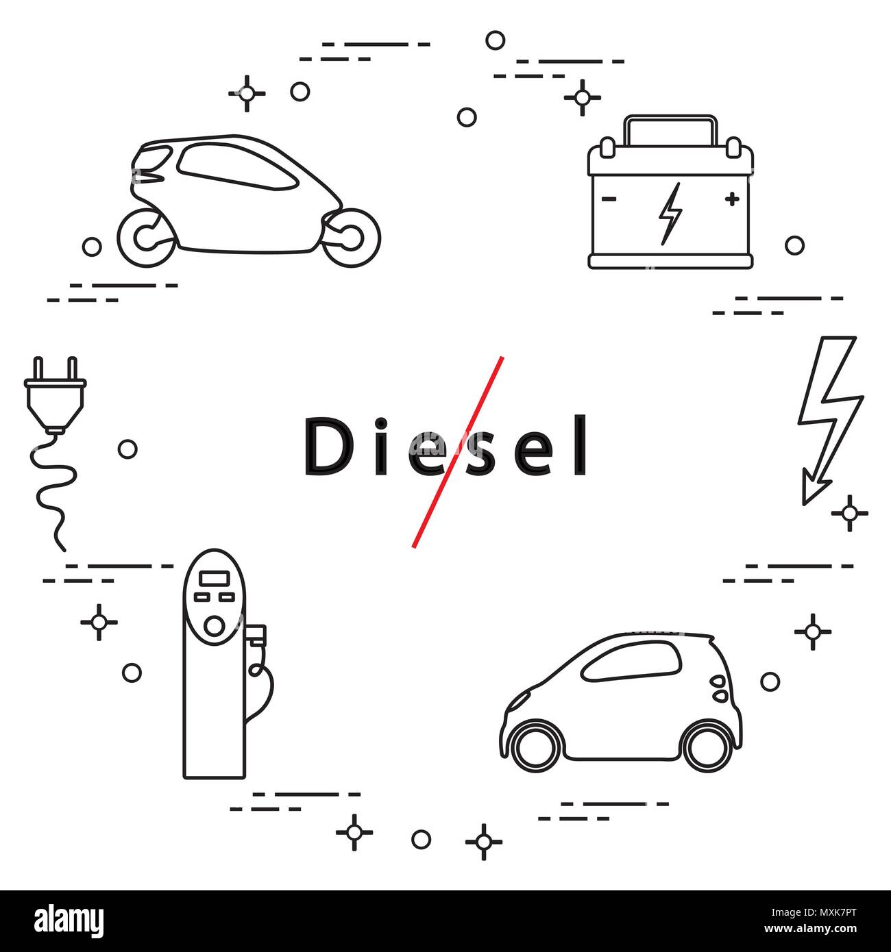 Interdiction des moteurs diesel. Le transport est respectueux de l'environnement. Voitures électriques, batterie, station de recharge, signe de sécurité électrique, câble, connecteur électrique Illustration de Vecteur