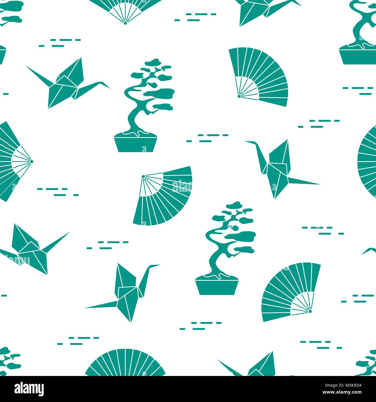 Modèle intégré de bonsaï, origami grues de papier, fans. Voyages et loisirs. Éléments de conception traditionnelle du Japon. Illustration de Vecteur