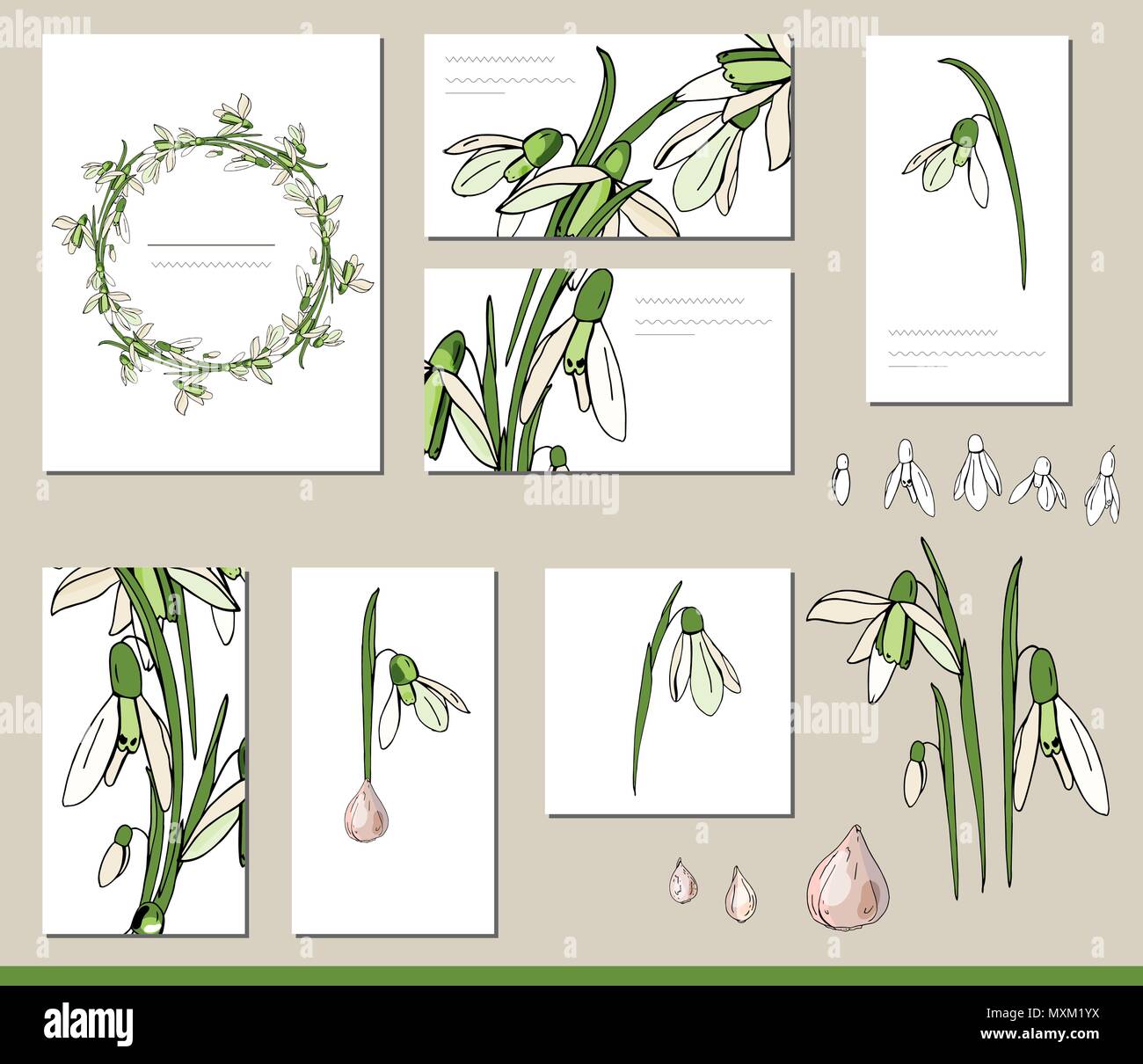 Snowdrop ensemble avec visitcards et modèles de voeux Illustration de Vecteur