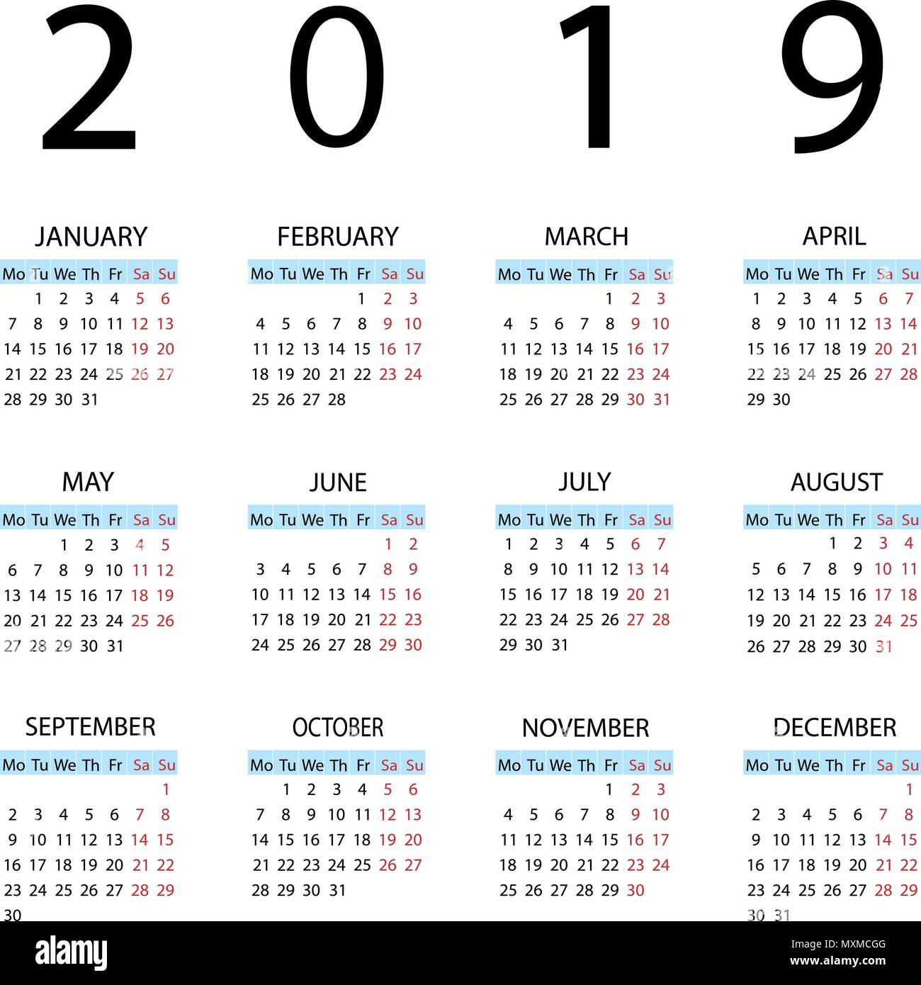L'année 2019 du calendrier. Semaine commence avec le lundi. Illustration de Vecteur