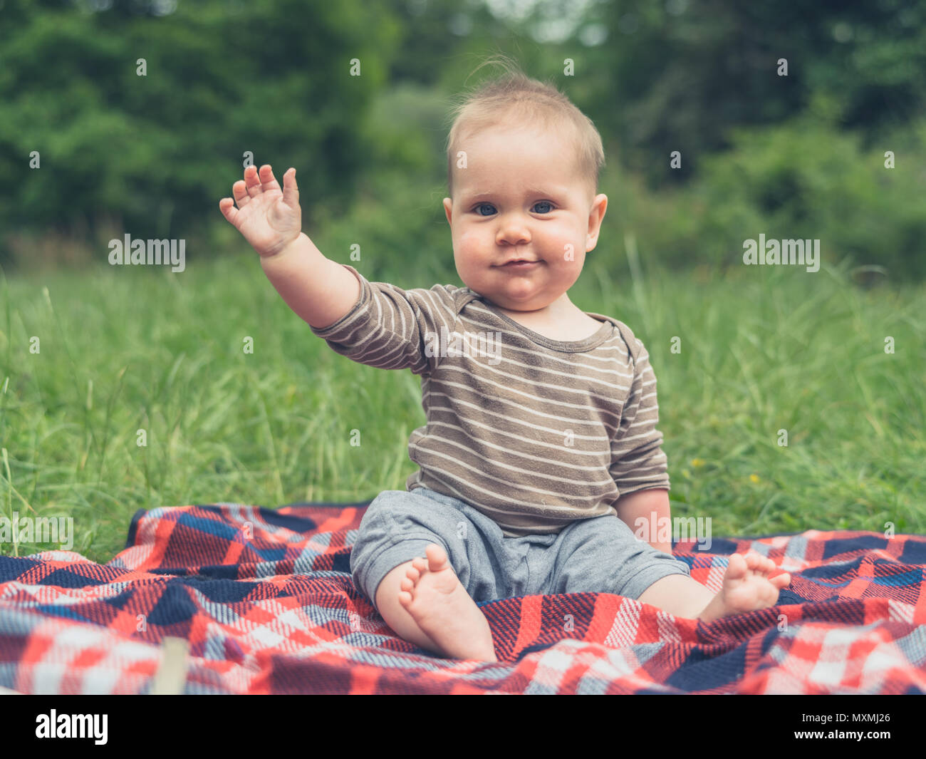 Un mignon petit bébé dans la nature est assis sur une couverture de pique-nique et brandit Banque D'Images