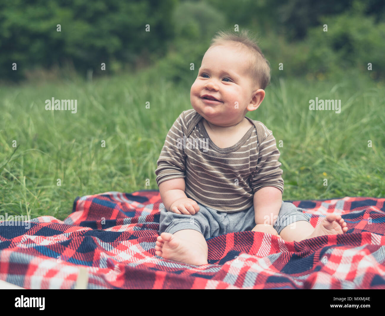 Un mignon petit bébé dans la nature est assis sur une couverture de pique-nique et rit Banque D'Images