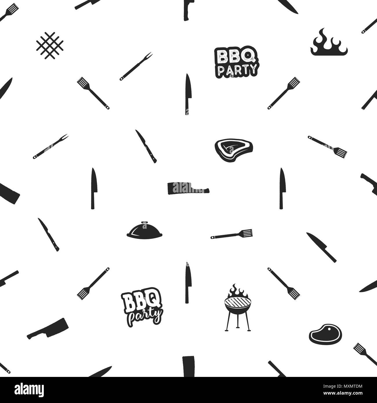 Conception sans couture thématiques BBQ. Modèle de Barbecue Barbecue pour l'été s'imprime sur toute l'identité, l'habillement, les vêtements. Avec l'outil de cuisine, la viande, la typographie des éléments. Vecteur Stock Illustration de Vecteur