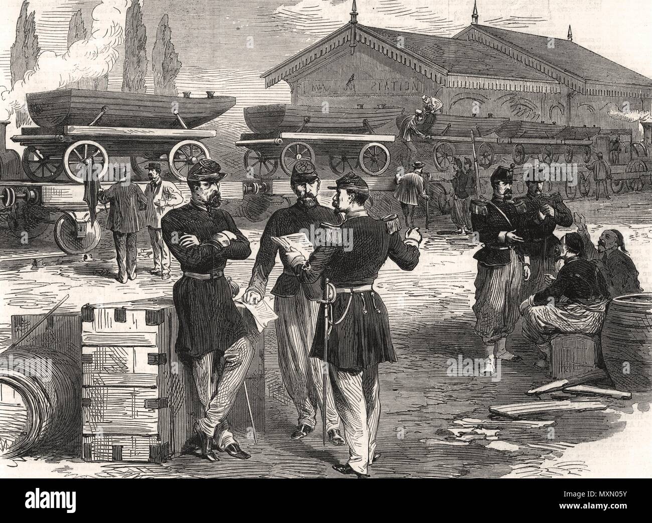 La guerre train militaire français de bateaux pour les ponts de bateaux. France 1870. L'Illustrated London News Banque D'Images