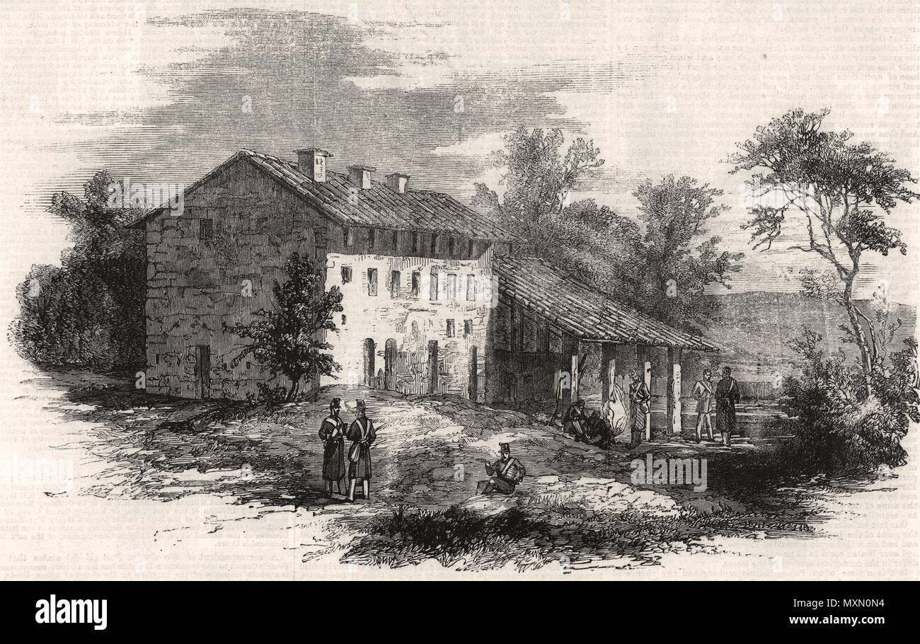 La guerre en Italie - La poste autrichienne près du pont ferroviaire à Valenza 1859. L'Illustrated London News Banque D'Images