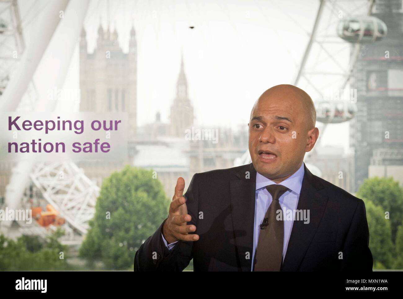 Secrétaire d'accueil Sajid Javid fait un discours à l'Southbank Centre à Londres, de lancer une version améliorée de la stratégie de lutte contre le terrorisme. Banque D'Images