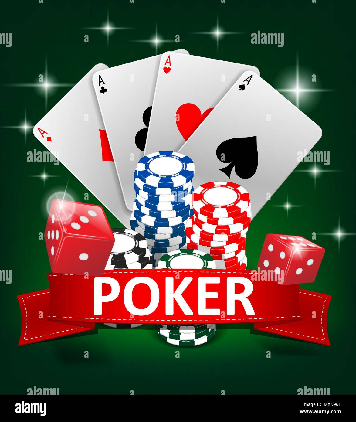 Les Jeux de Casino Poker background design. Bannière de poker avec des jetons, jeux de cartes et dés. Casino en ligne bannière sur fond vert. Vector illustration. Illustration de Vecteur