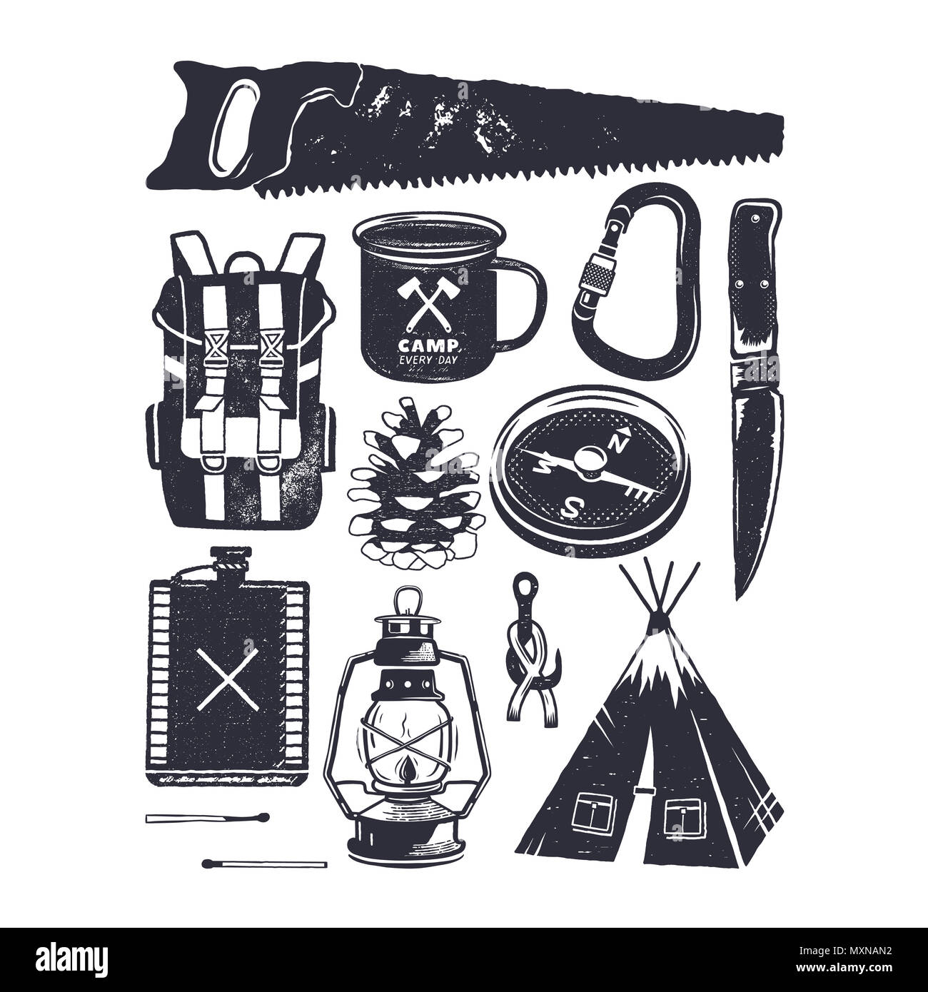 Vintage hand drawn camping symboles. La randonnée des icônes dans le style monochrome rétro. Éléments d'aventure en montagne de Silhouette. Idéal pour création de logo, infographie. Stock Banque D'Images