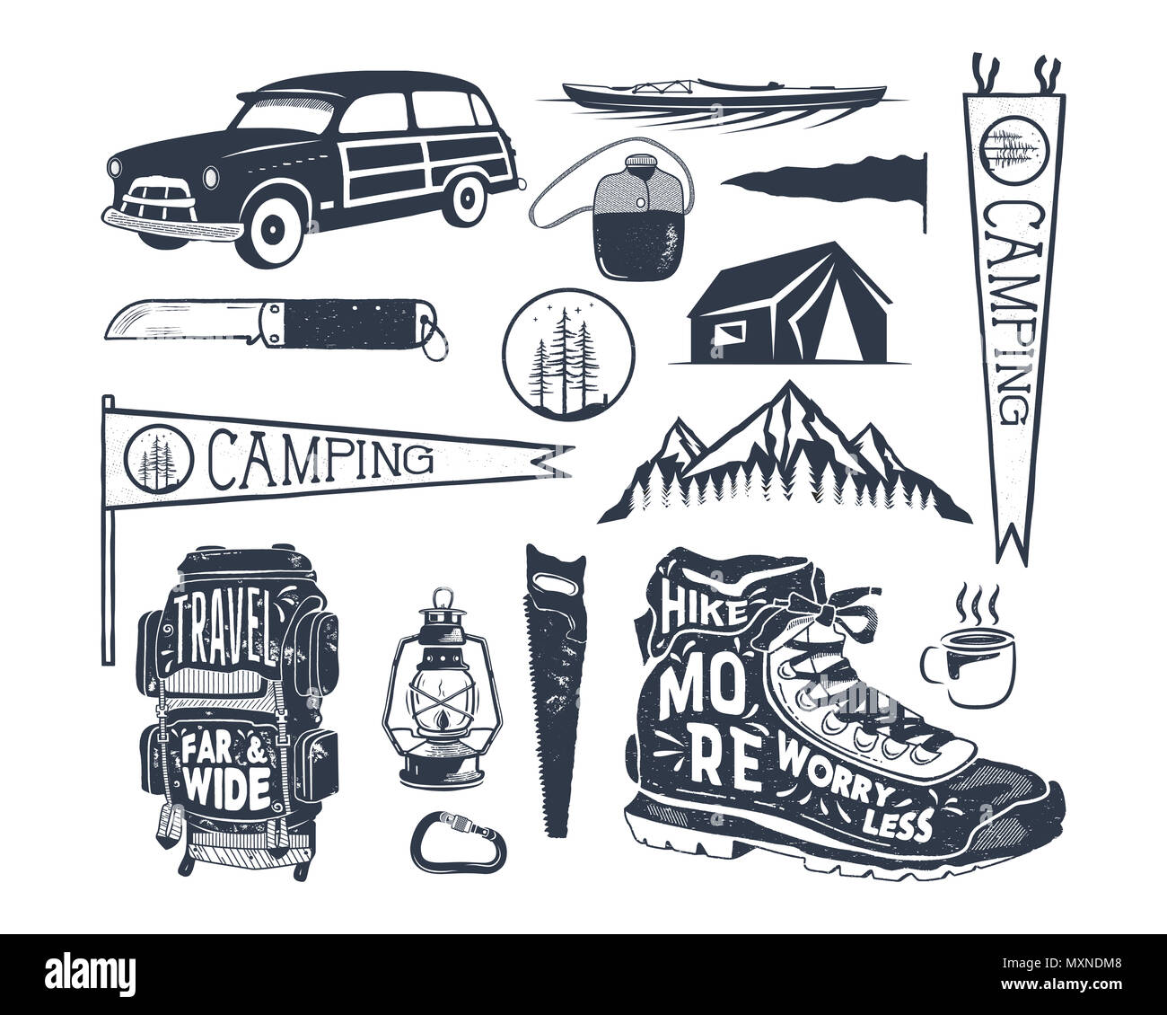 Vintage dessinés à la main des symboles de l'aventure, la randonnée, le camping La forme des sac à dos, Pennant, kayak, surf, lanterne de voiture. Retro design monochrome. Pour des t shirts, des impressions. Silhouette d'actions isolées des icônes Banque D'Images