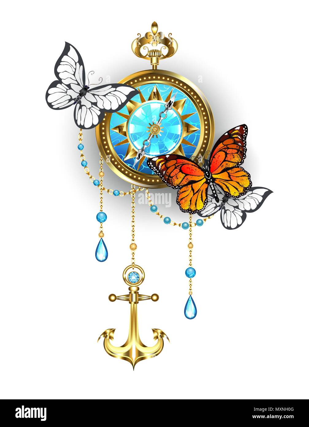 Boussole Antique décoré avec des chaînes en or et de l'ancre, avec les papillons blancs et orange. Illustration de Vecteur