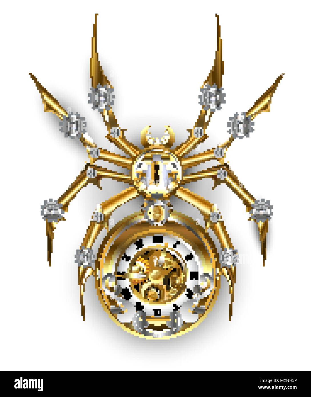 Araignée mécanique en or et acier avec une horloge ancienne ornée avec des engrenages sur fond blanc. Illustration de Vecteur