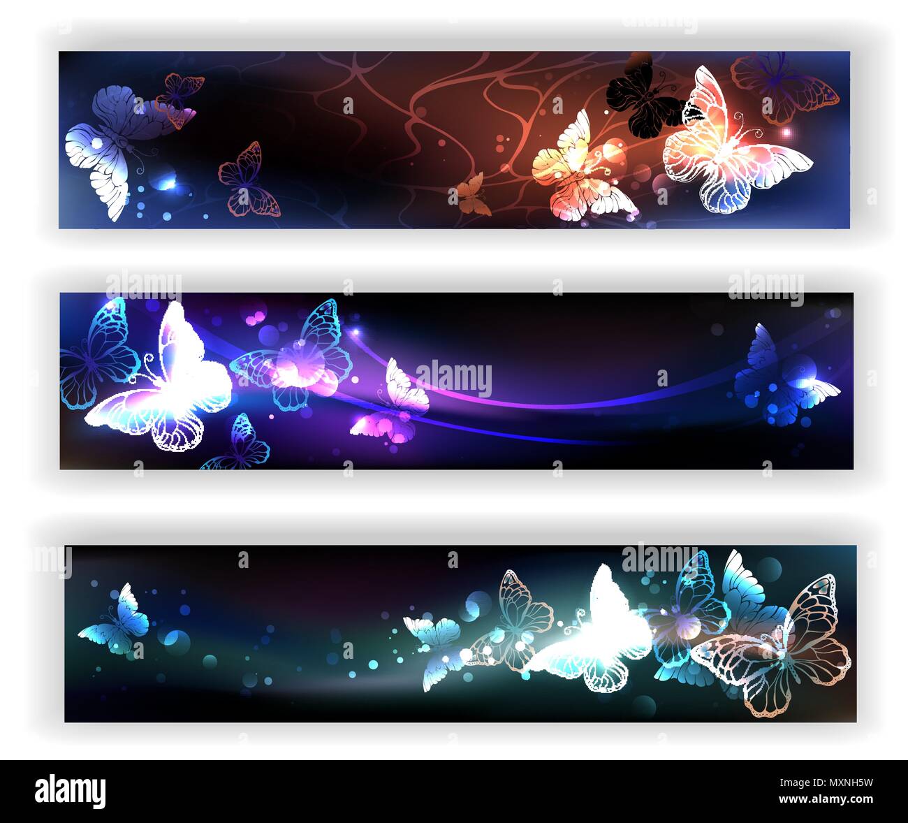 Trois bannières rectangulaires avec nuit, ardent, papillons magiques sur fond noir. Illustration de Vecteur