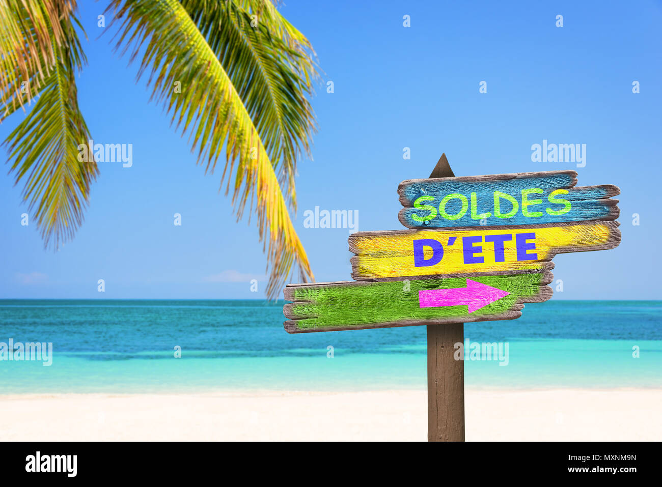 Soldes d'ete (sens de l'été vente en Français) écrit sur des panneaux de direction en bois de couleur pastel, beach et palm tree background Banque D'Images