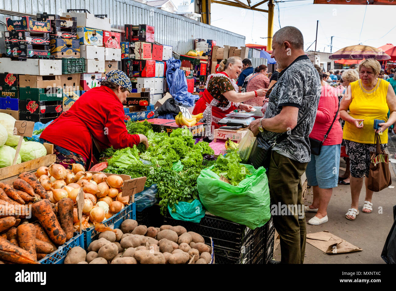 Peuple ukrainien Shopping pour les légumes frais au marché Privoz, Odessa, Ukraine Banque D'Images
