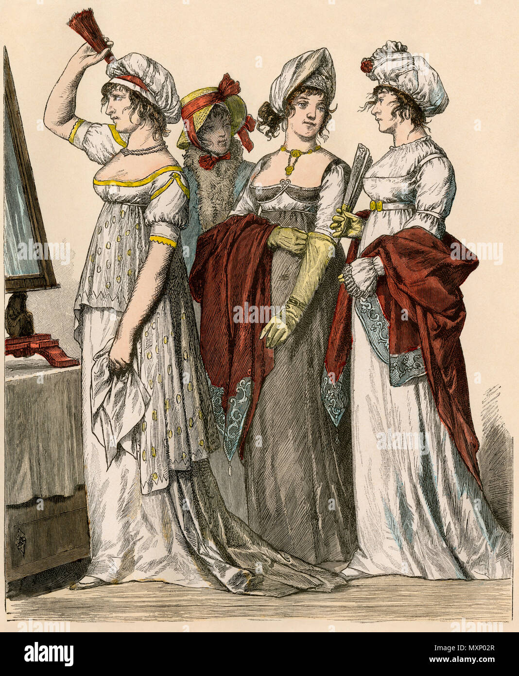 Le français et l'Allemand dames en robes de style Empire, 1802-1804. Impression couleur à la main Banque D'Images