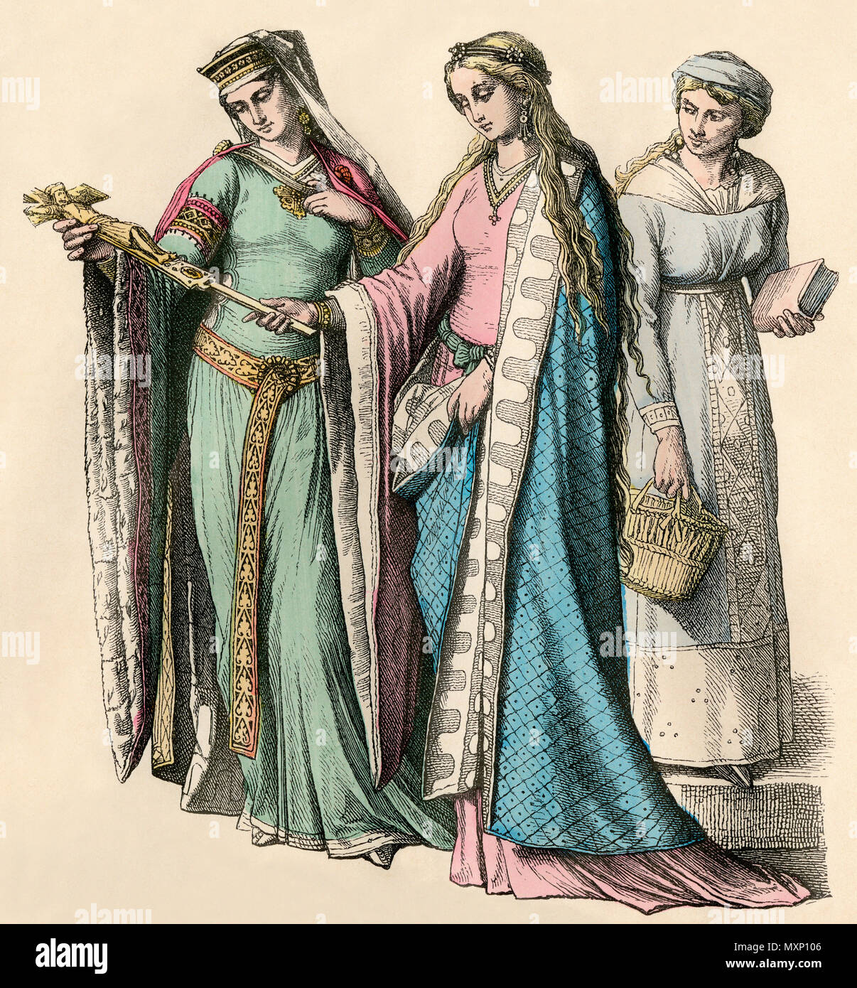 Nobles dames et une classe moyenne allemande du 12ème siècle. Impression couleur à la main Banque D'Images