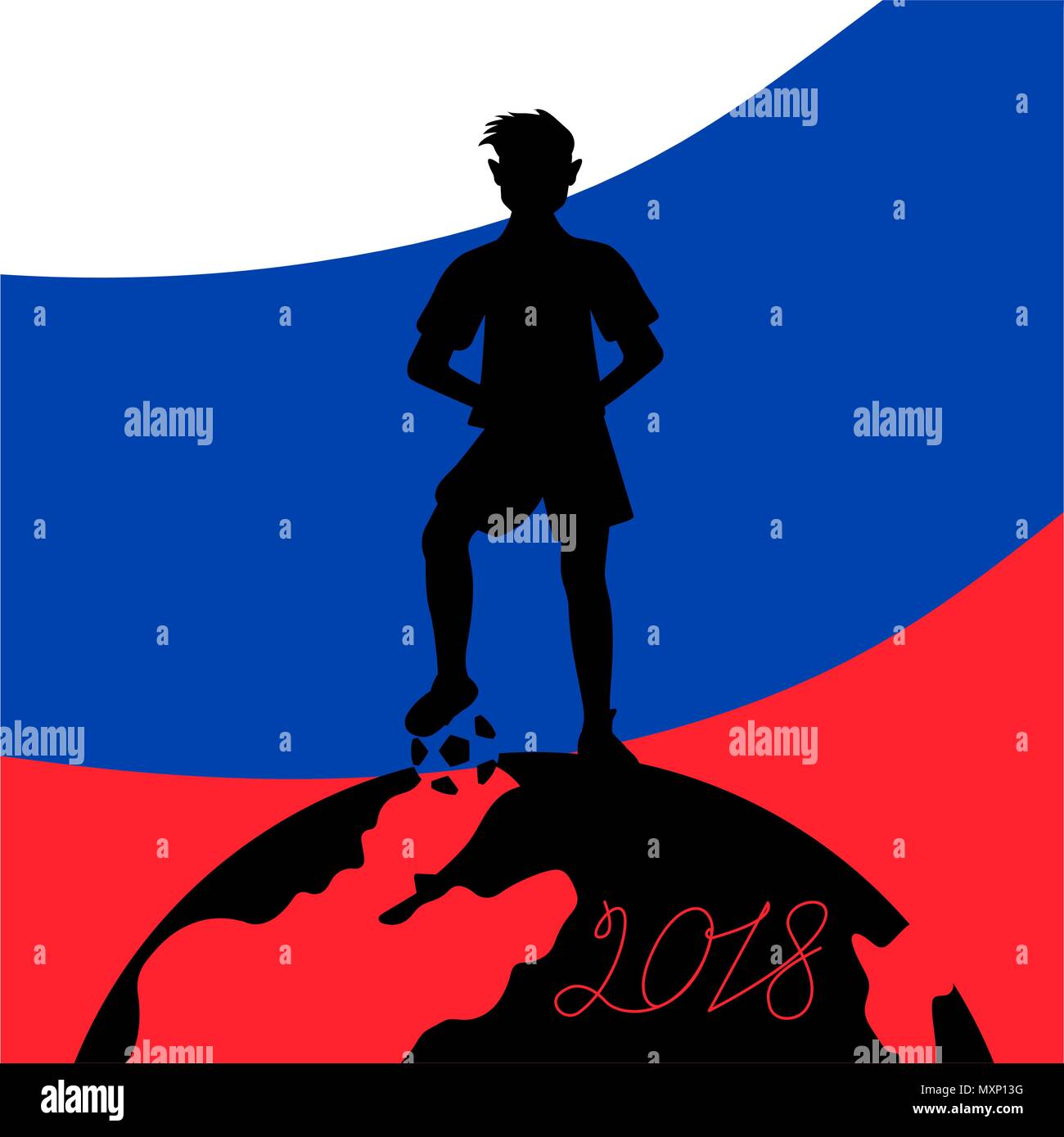 Silhouette d'un joueur de football pour une balle debout sur le globe Illustration de Vecteur
