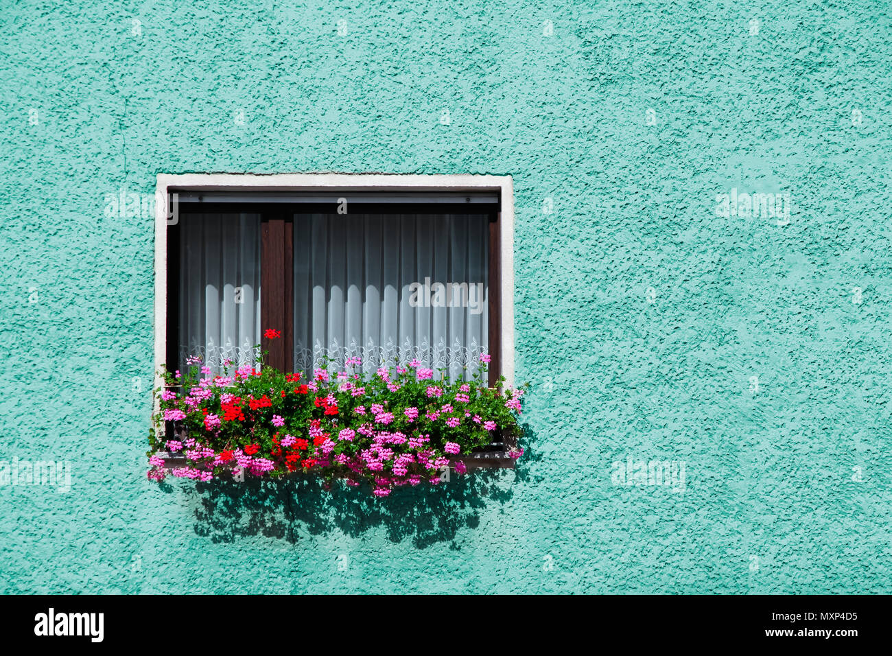 Vintage traditionnel verre fenêtre ornée avec de la rose et rouge pétunia dans le bleu vert façade d'une maison dans la campagne allemande. Banque D'Images