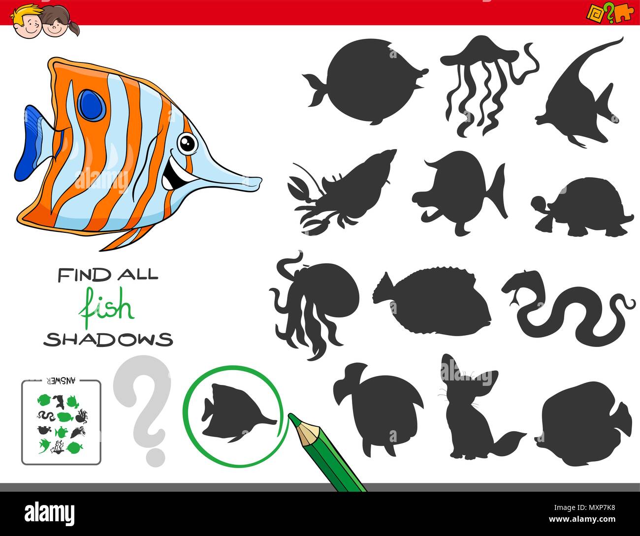 Cartoon Illustration de trouver tous les poissons ombres activité éducative pour les enfants Illustration de Vecteur