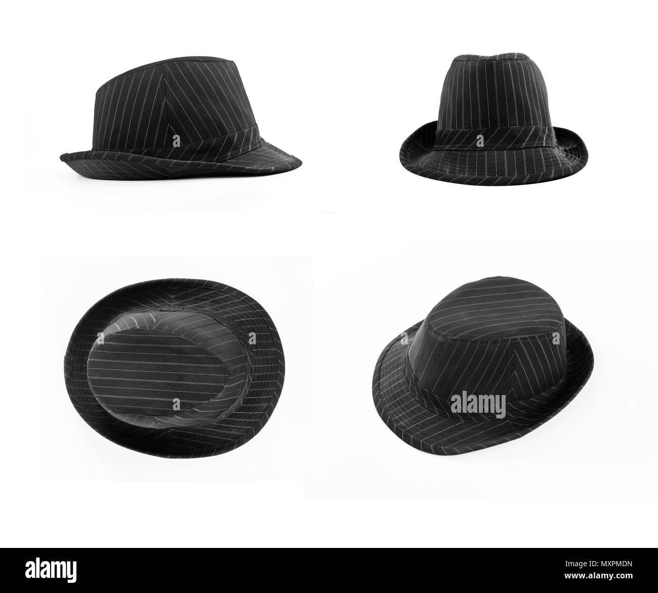 Ensemble de chapeau noir avec bandes blanches isolé sur blanc. Avant, supérieur, side view Banque D'Images