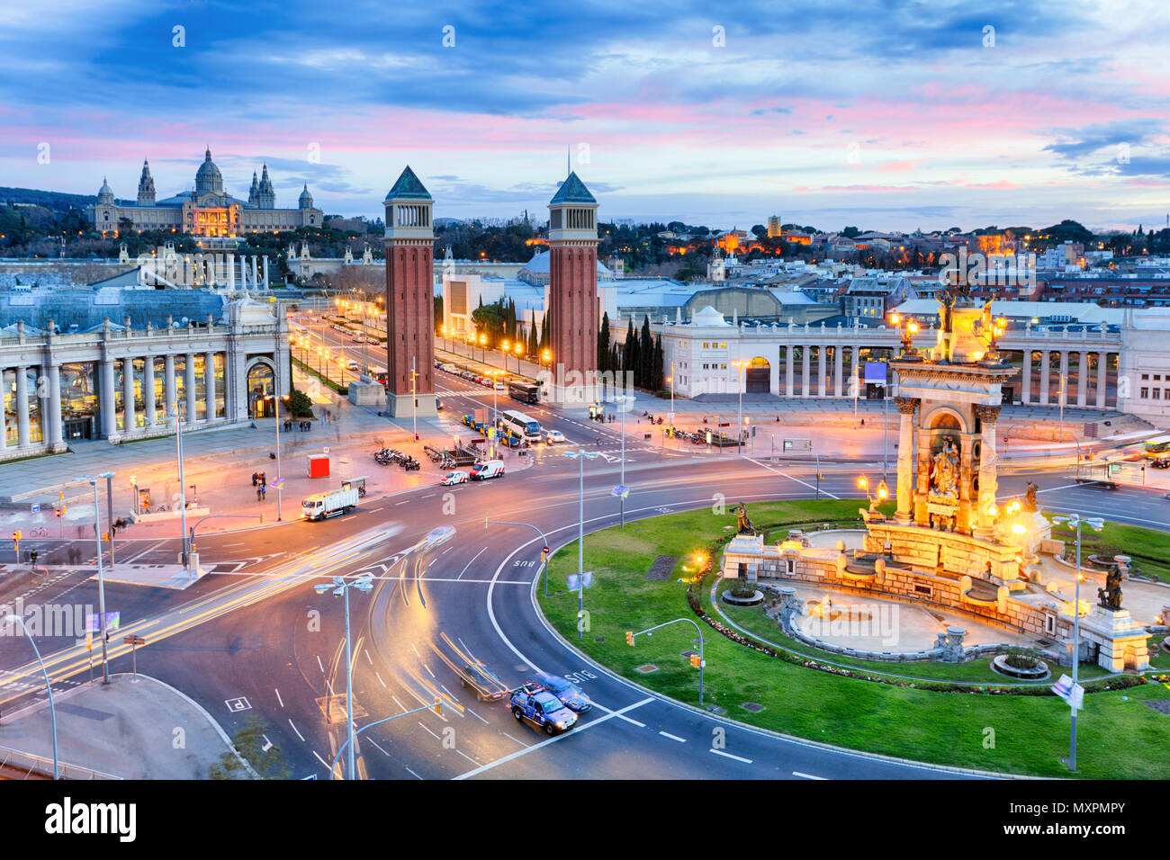 Crépuscule vue de Barcelone, Espagne. Plaza de Espana Banque D'Images