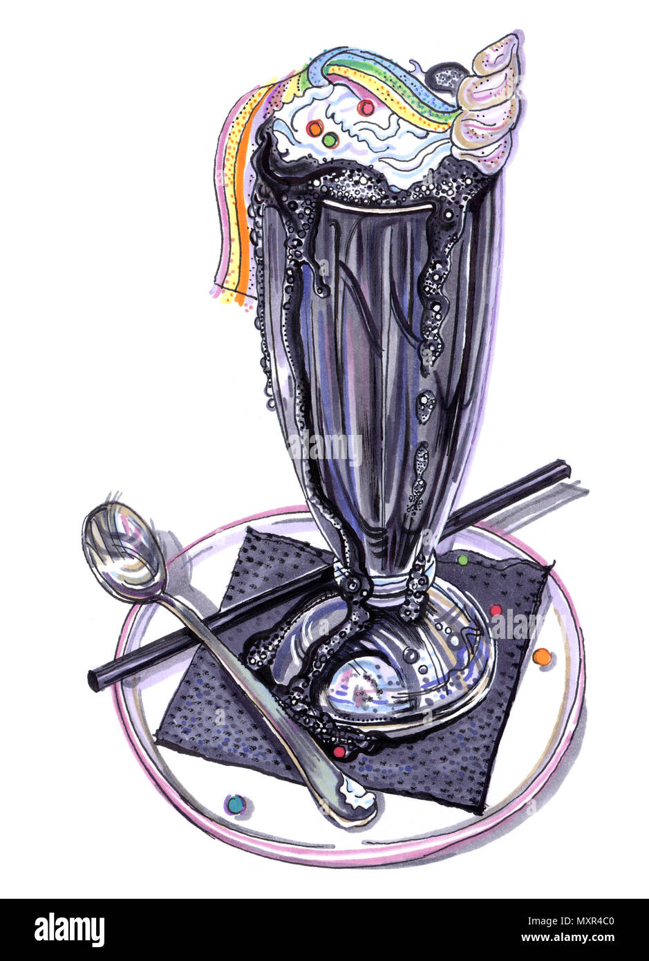 Black Ice cream rainbow unicorn milk shake. Cute hand drawn feutre illustration sur fond blanc. Pastel à la mode d'été goth dessert. Banque D'Images Black Ice cream rainbow unicorn milk shake. Cute hand drawn feutre illustration sur fond blanc. Pastel à la mode d'été goth dessert. Banque D'Images