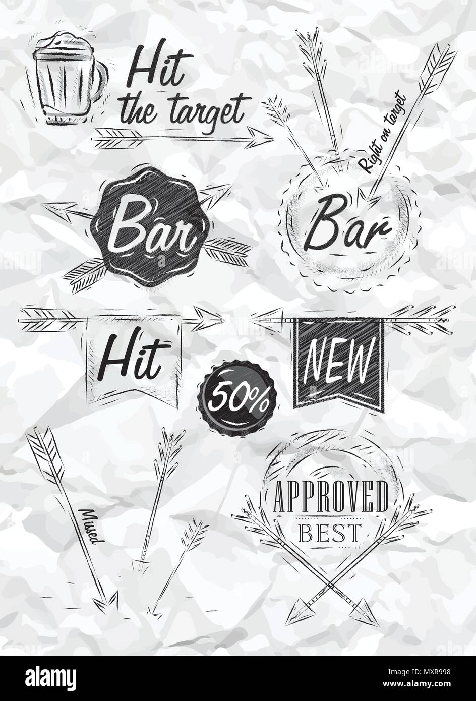 Collection Set emblème de Bar, Flèche Flèche, symbole dessin stylisé d'une plume sur un papier froissé. Illustration de Vecteur