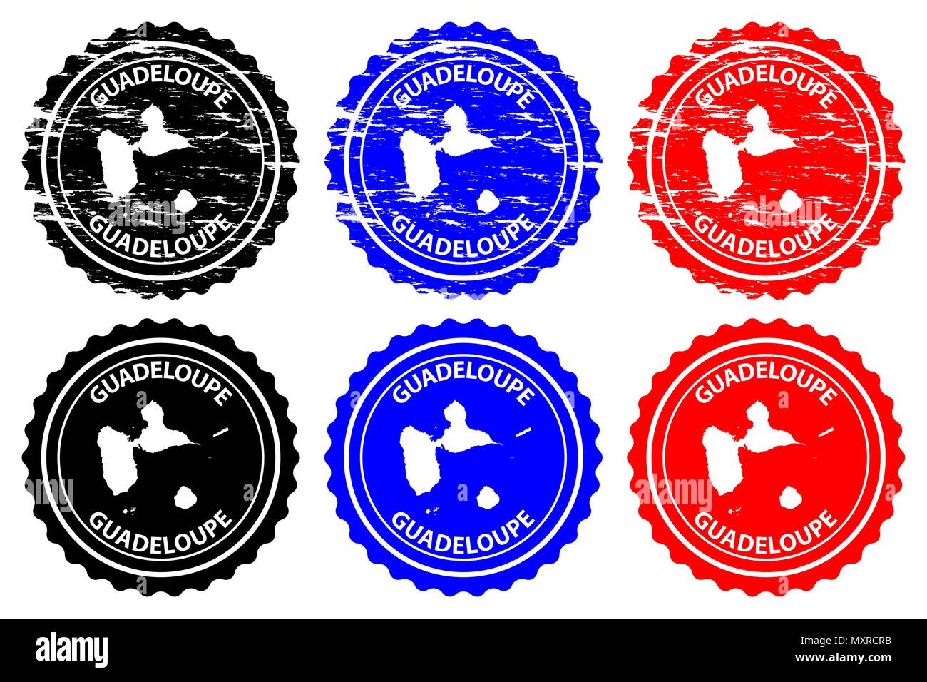 Guadeloupe - timbres en caoutchouc - vecteur, la Guadeloupe carte - sticker - noir, bleu et rouge Illustration de Vecteur