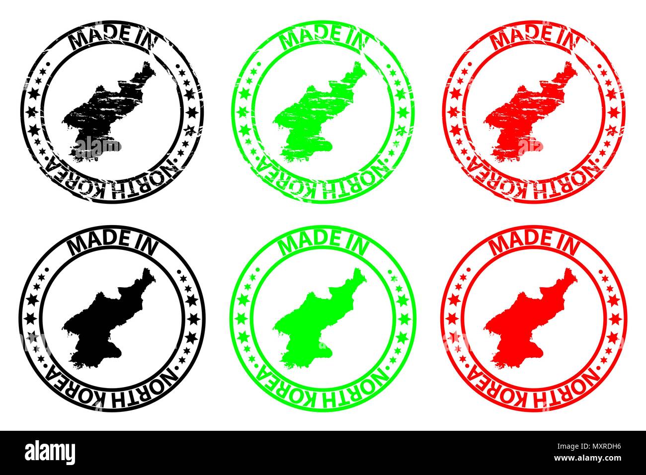 Faites en Corée du Nord - timbres en caoutchouc - vecteur, République populaire démocratique de Corée (RPDC) Carte - noir, vert et rouge Illustration de Vecteur