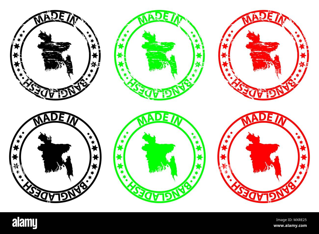 Fait en Bangladesh - timbres en caoutchouc - vecteur, République populaire du Bangladesh carte - noir, vert et rouge Illustration de Vecteur