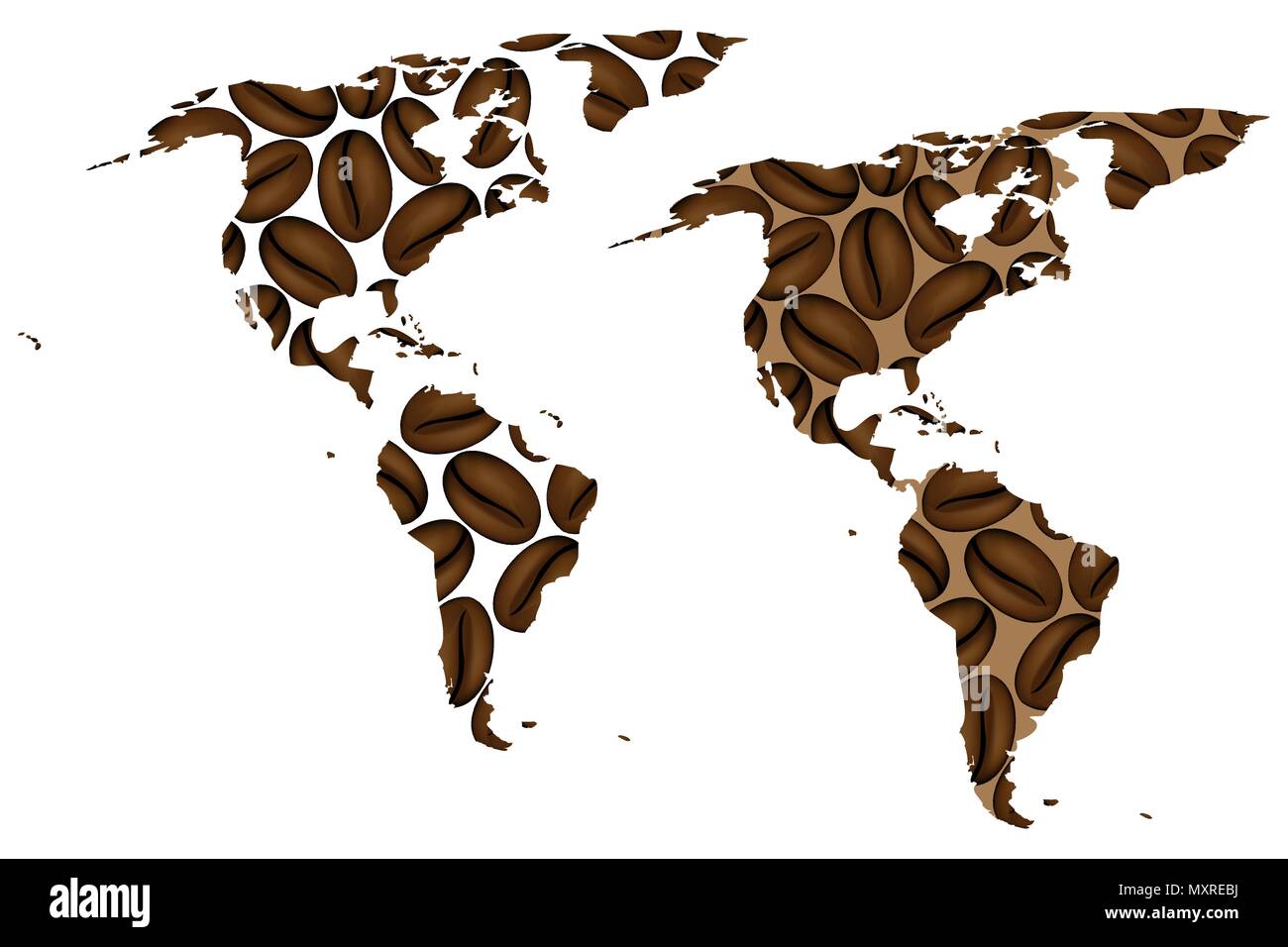 L'Amérique du Nord et du Sud - carte de grain de café, Amériques site faites de grains de café, Illustration de Vecteur