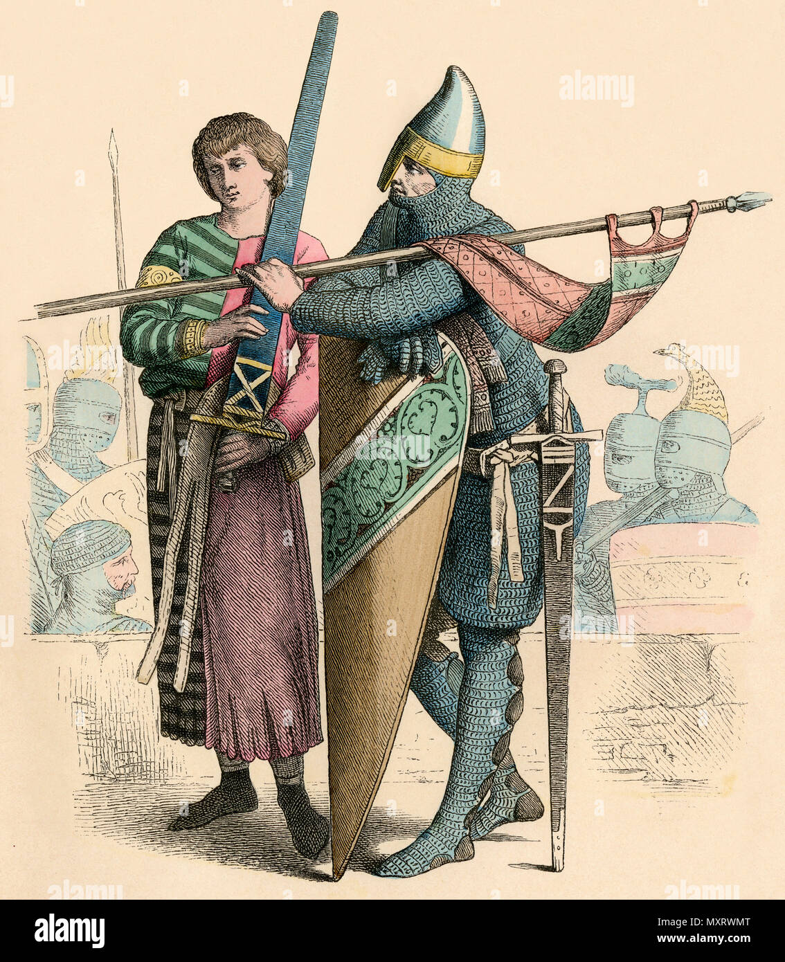 Squire portant un glaive et un chevalier, 12ème siècle. Impression couleur à la main Banque D'Images