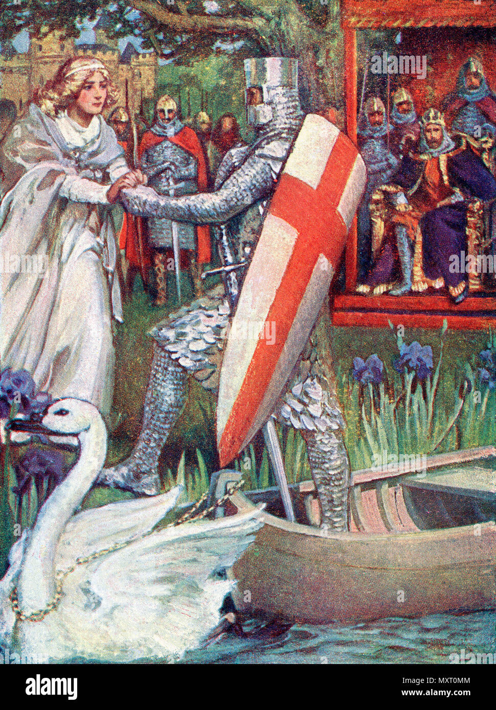 Elle est allée à sa rencontre avec main tendue. Frontispice de chevaliers du Graal : Lohengrin, Galahad publié en 1909. Banque D'Images