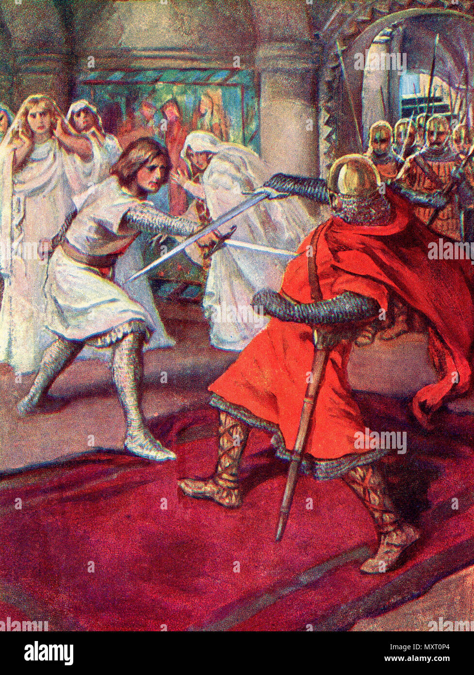 Lohengrin tue Comte Frederick. De Knights of the Grail : Lohengrin, Galahad publié en 1909. Banque D'Images