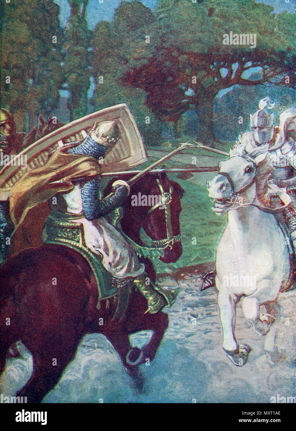 Bagdemagus a brisé sa propre lance contre l'armure de son ennemi. De Knights of the Grail : Lohengrin, Galahad publié en 1909. Banque D'Images