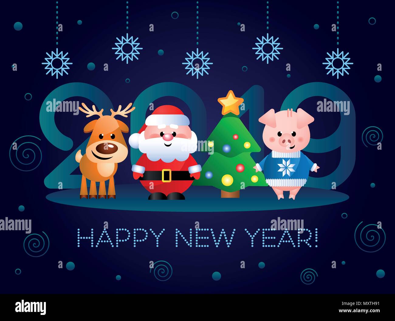 Bonne Annee 2019 Carte De Souhaits Avec Mignon De Personnages De Dessins Animes Santa Clause Cochon Et Le Renne Avec Arbre De Noel Vector Illustration Image Vectorielle Stock Alamy