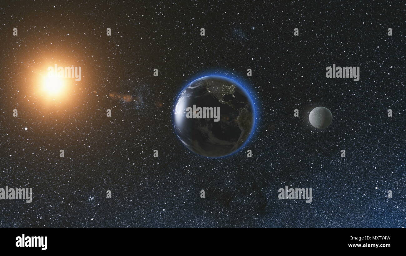 Lever du soleil Vue de l'espace sur la planète Terre et de la lune, la rotation dans l'espace dans le contexte de l'étoile du ciel et le soleil. une boucle. L'astronomie et la science concept. Éléments de l'image fournie par la NASA Banque D'Images