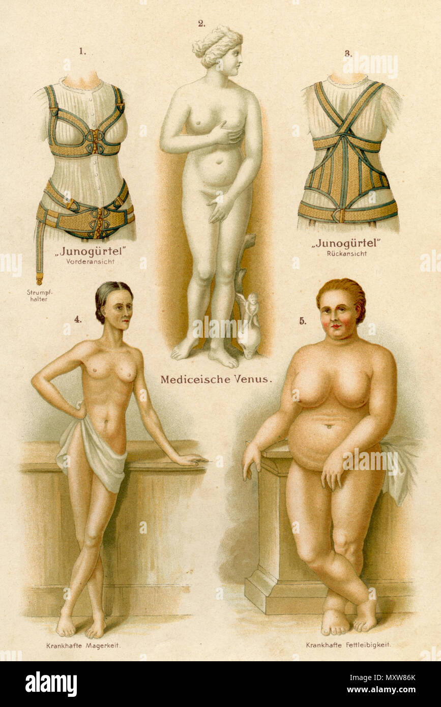 Beautés et erreurs du corps féminin. Avec l'image de la ceinture Juno (Vue avant Vue arrière en haut à gauche, en haut à droite), le Mediceptic Vénus (milieu) ainsi que 'Morbid maigreur' (en bas à gauche) et 'Morbid obésité" (en bas à droite). À partir de : La femme en tant que médecin de famille, 1905 1905 Banque D'Images
