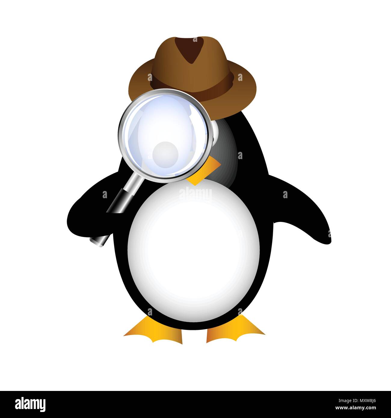 Pingouin avec une loupe de détective Illustration de Vecteur