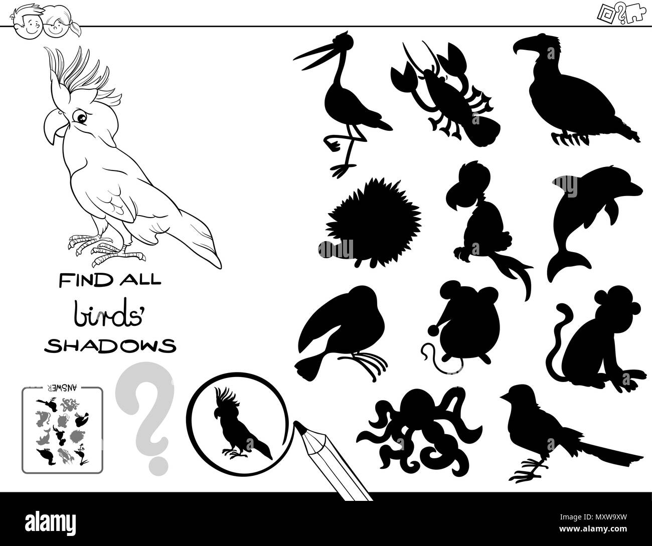 Illustration Cartoon noir et blanc de trouver tous les oiseaux ombres activité éducative pour les enfants Coloring Book Illustration de Vecteur