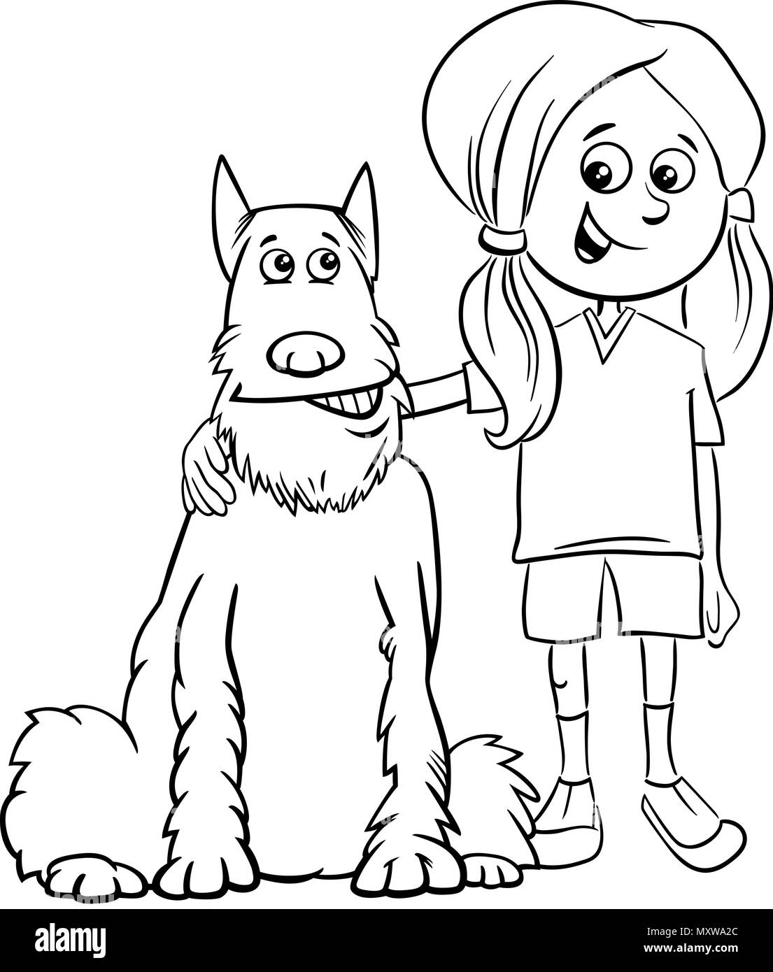 Illustration Cartoon noir et blanc de Kid Girl avec Comic Dog jeu de coloriage Illustration de Vecteur