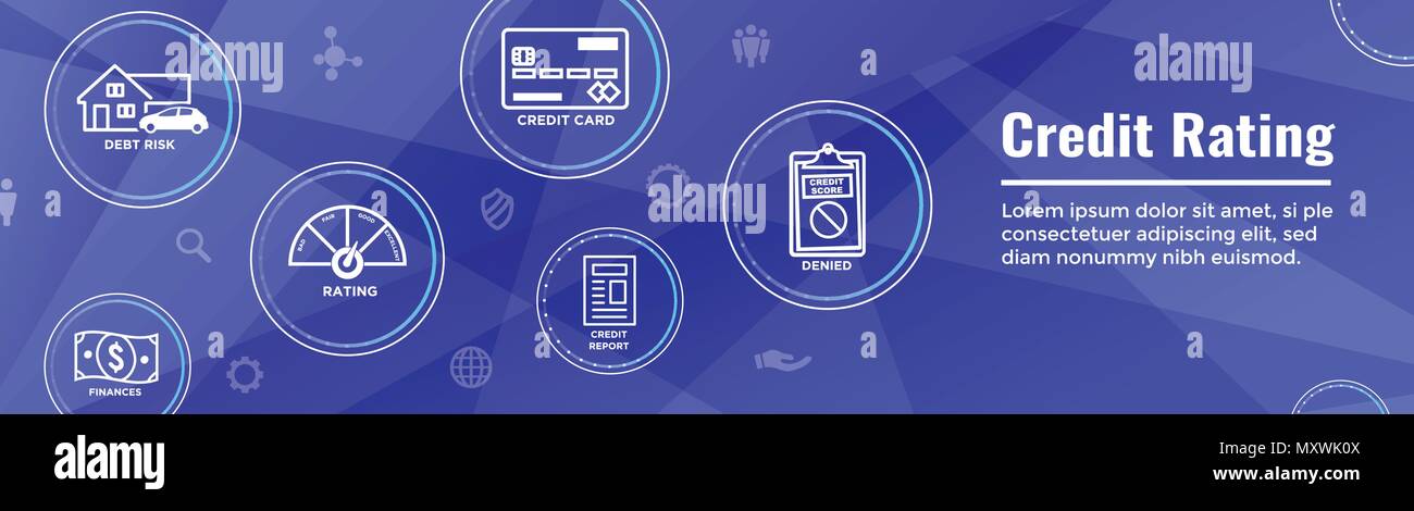 En-tête de la cote de crédit de la dette, la bannière Web w, carte de crédit et votre pointage de crédit Icon Set Illustration de Vecteur