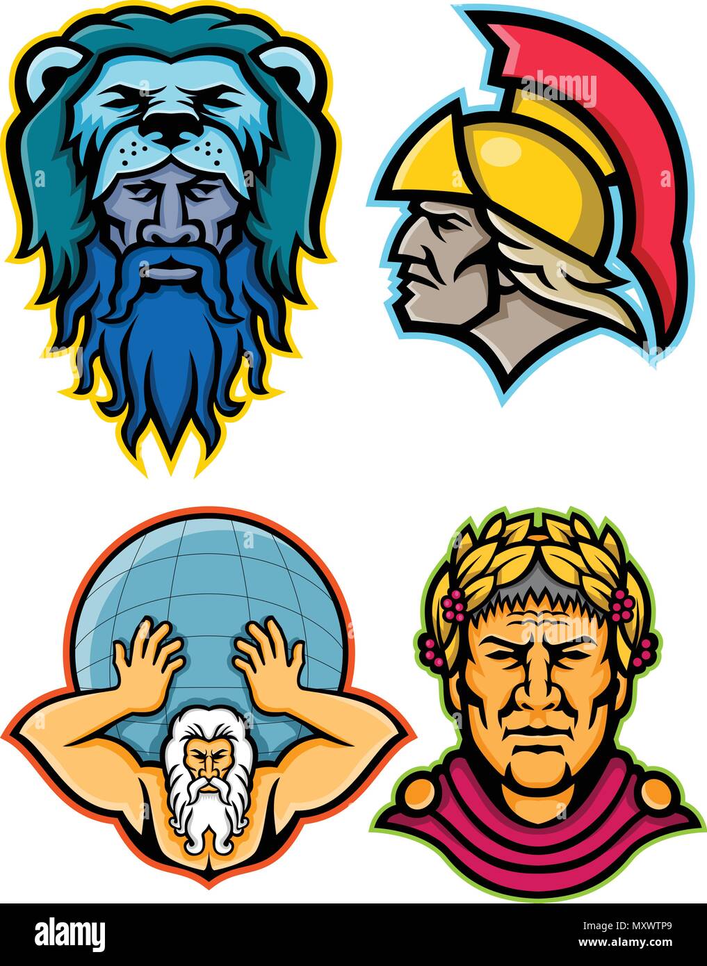 L'icône illustration mascotte ensemble de chefs de héros grecs et romains et des dieux dans la mythologie comme Hercule ou Héraclès, Achille ou progressif Achilleus, Atlas lifting Illustration de Vecteur