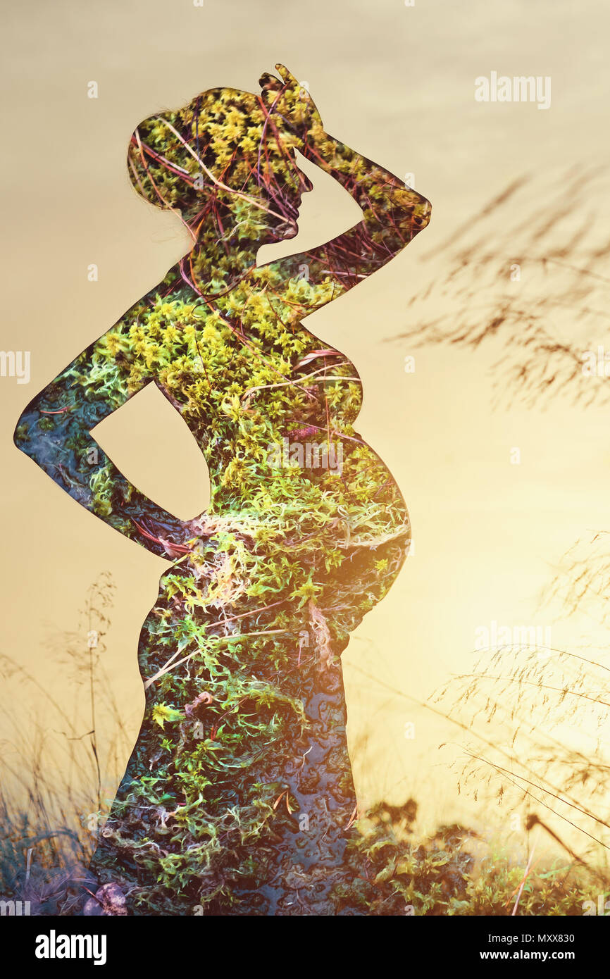Double exposition. Silhouette de femme enceinte avec la nature combinée Banque D'Images