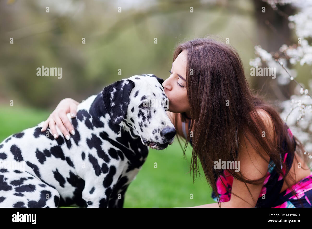 Photo d'une jeune femme qui donne son chien Dalmatien un baiser Photo Stock  - Alamy