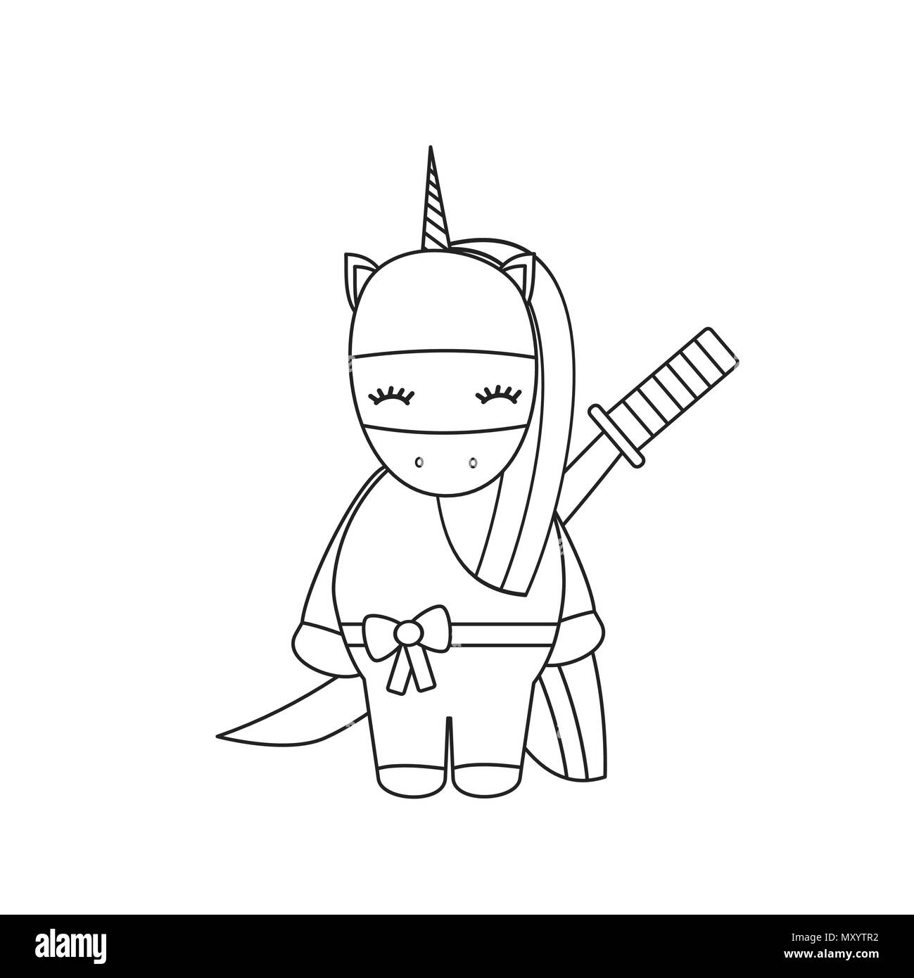 Cute cartoon vector illustration avec le noir et blanc avec unicorn ninja sword Illustration de Vecteur