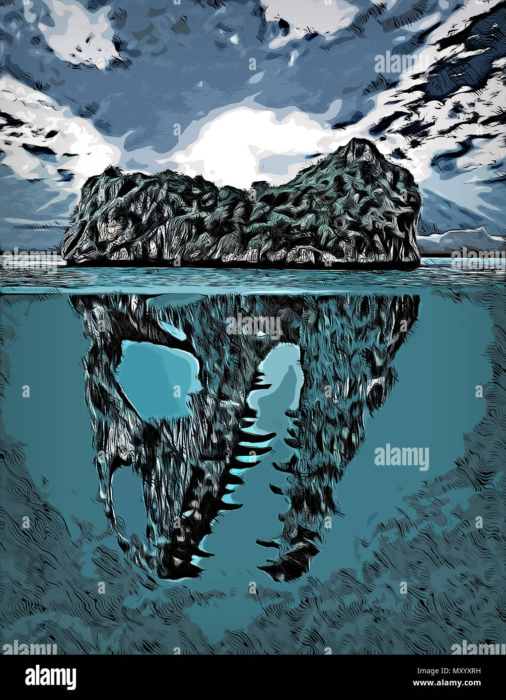 Illustration d'une dangereuse à l'île flottante qui est engloutie en partie avec vue également à une scène sous-marine où le fond ressemble à un skul Banque D'Images