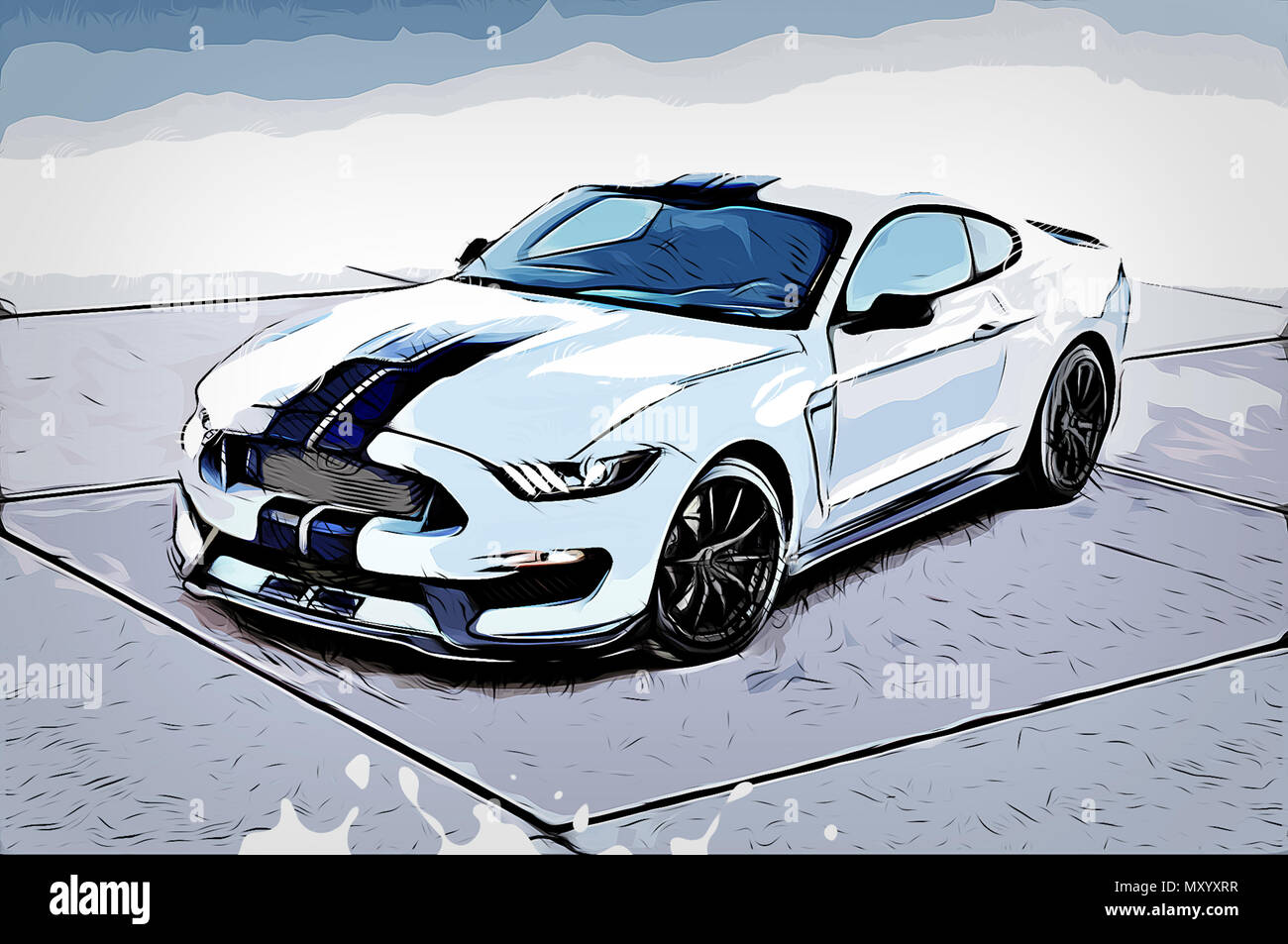 Illustration d'une rapide blanc et bleu à rayures à la voiture de sport sur le béton pendant le jour. Banque D'Images