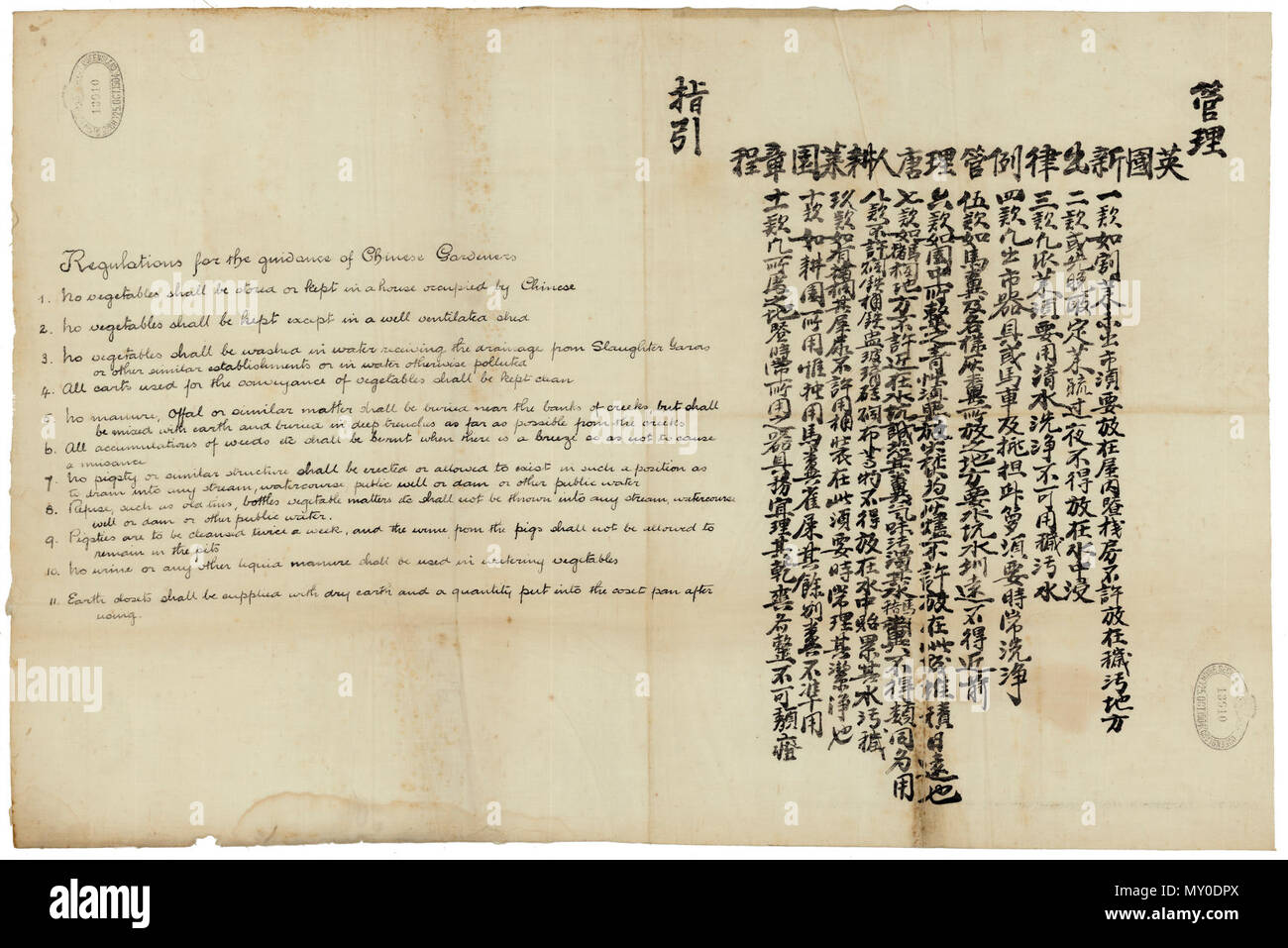 Règlements pour la direction de jardiniers chinois, 1904. Le Brisbane Courier 4 novembre 1904 réglementant les jardiniers chinois 19360403 ) règlements administratifs pris à l'initiative du commissaire à la santé publique, en vertu de l'article 133 de la Loi canadienne sur la santé de 1900, pour prévenir la propagation des maladies infectieuses, ont été approuvés. Les règlements sont en vigueur sur le bien que de Queensland, et prévoir que les légumes ne doivent pas être stockés ou conservés dans une maison occupée par les maraîchers ; ou en tout lieu mais un endroit bien aéré. Les légumes ne doivent pas être lavés dans l'eau de drainage à partir de la réception de la cour d'abattage Banque D'Images