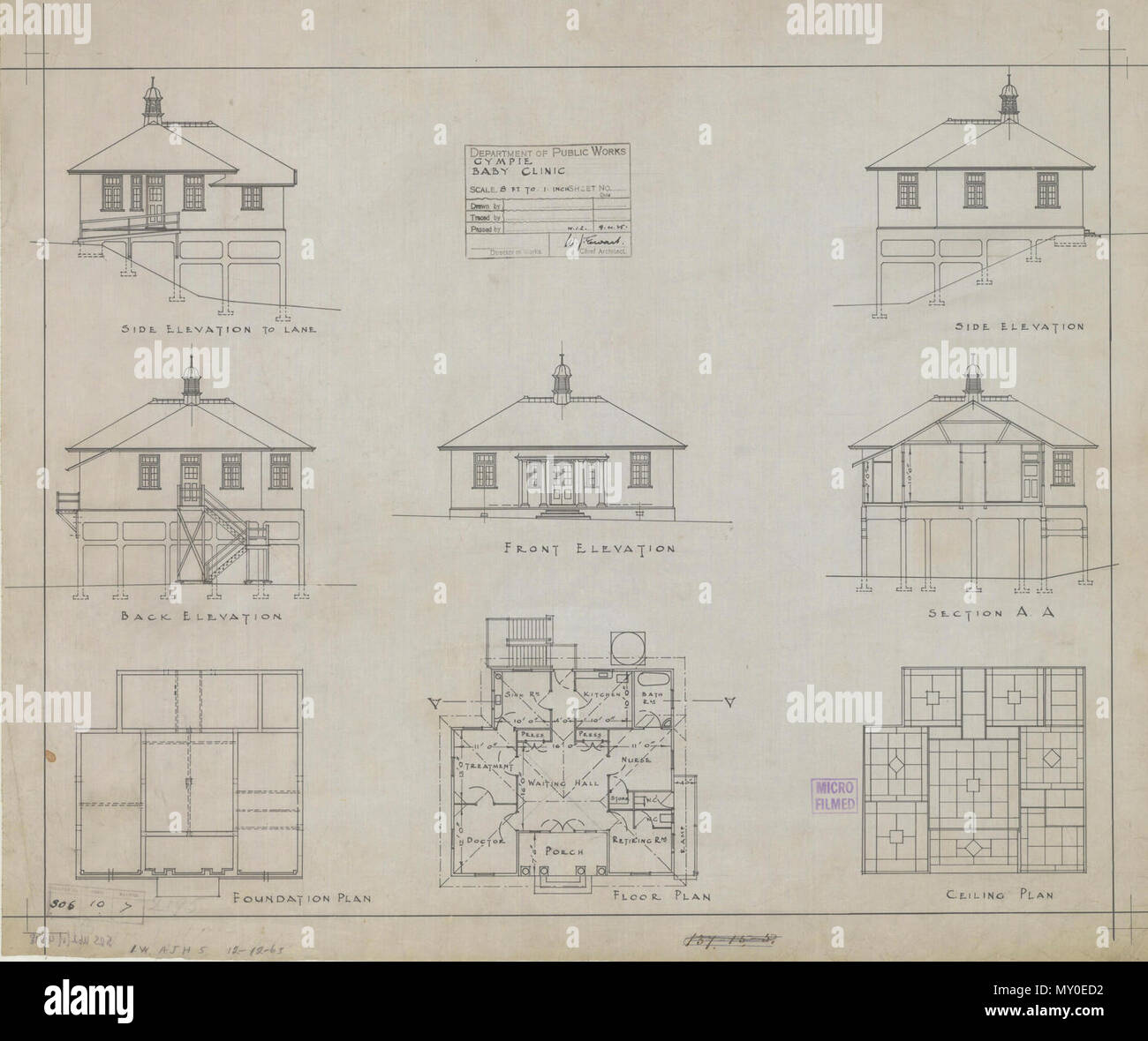 Les plans d'architecture, Gympie Clinique pour bébés, 9 avril 1925. Du patrimoine du Queensland Registerid =602789 ) . L'ex-Gympie la protection maternelle et infantile clinique est située dans l'hôtel de ville réserver, en face de Mellor, dans le centre de Pitesti. C'est un bâtiment en béton rendu, avec un portique d'entrée flanqué de quatre colonnes, avec une côte et pan de fer, y compris toit profil d'origine de la flèche. Conçu et construit par le ministère des Travaux publics, et a ouvert le 24 avril 1926, le bâtiment est l'un des dix cliniques régionales construit pour une conception standardisée, mais seules neuf demeurent. La sélection d'un site Banque D'Images